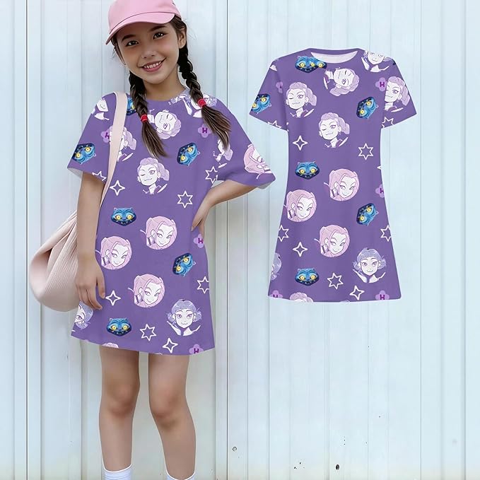 Girl's Anime K-POP Graphic Long Dress T-Shirt - Casual Loose Fit Short Sleeve Top