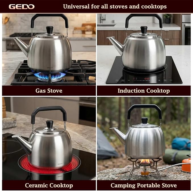 GEDO Stainless Steel Whistling Tea Kettle, 304 Food Grade, Large Capacity, Stovetop Kettle for Gas Stove and Induction Cooktop (6L/6.34QT)