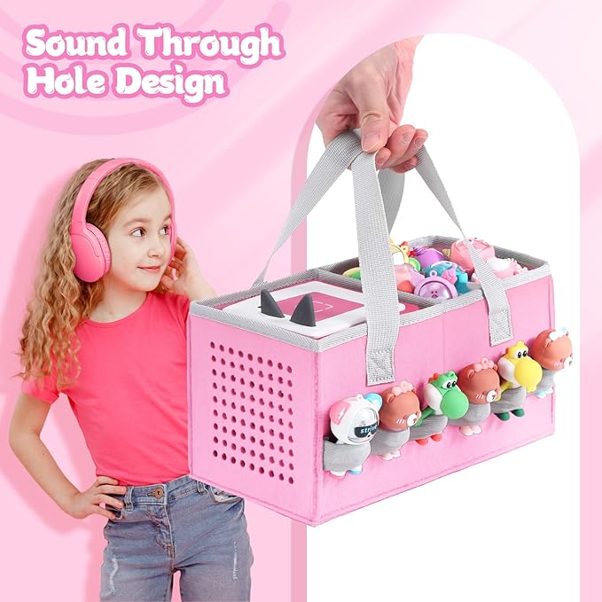 Carrying case for Toniebox Audio Player and Figurines Starter Set,Felt Organizer Bag,Travel for toniebox 2 Earphone and charger accessories portable bag (Pink)