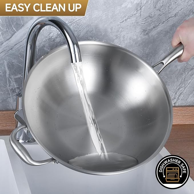 LOLYKITCH 13-Inch Stainless Steel Wok with Glass Lid | Detachable Handle | Uncoated Tri-Ply Stir Fry Pan | Everyday Cooking Wok for Induction & Glass| Flat Bottom | SGS Certified Cookware | PFOA-FREE