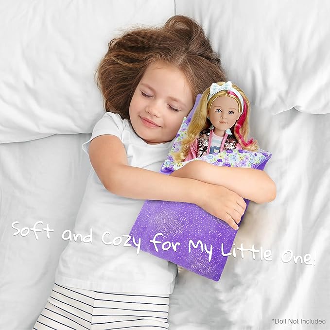 June Garden Cozy Dream Reversible Doll Sleeping Bag - 2-Piece Playset Doll Accessory with Pillow - Fits 18" American Girl Dolls - Gifts for Girls 2 3 4 Year Old