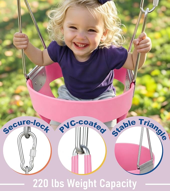 High Back Full Bucket, Toddler Swing with Coated Chains & Triangle Dip Pinch Protection for Safety, Baby Swing Outdoor with Locking Buckles, Toddler Bucket Swing for Backyard, Playground, Pink