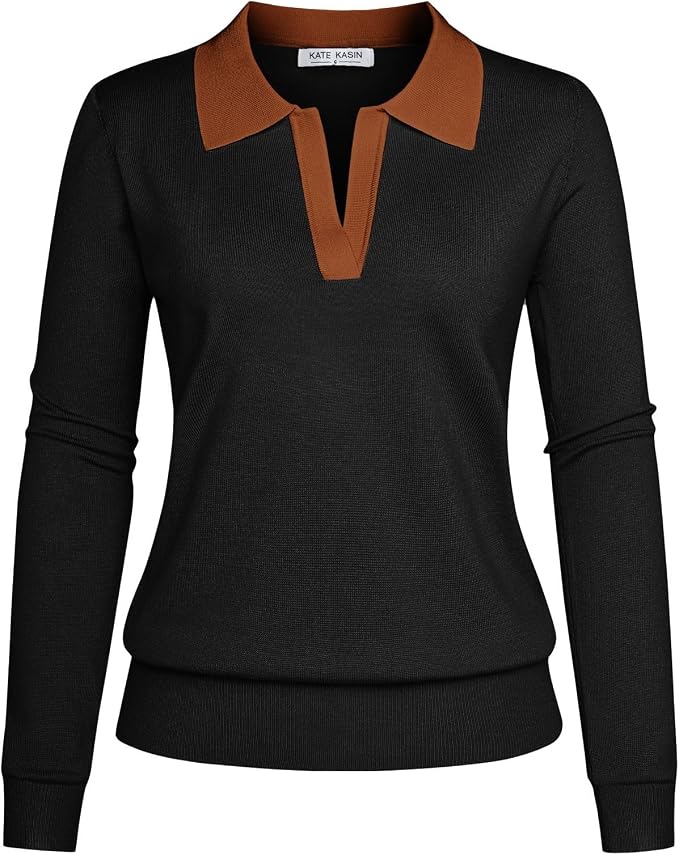 Women's Long Sleeve Classic V Neck Casual Fall Winter Polo Sweater Tops | Basic Collared Knitted Fashion Work Business Formal Daily Wear Versatile Pullover Shirts