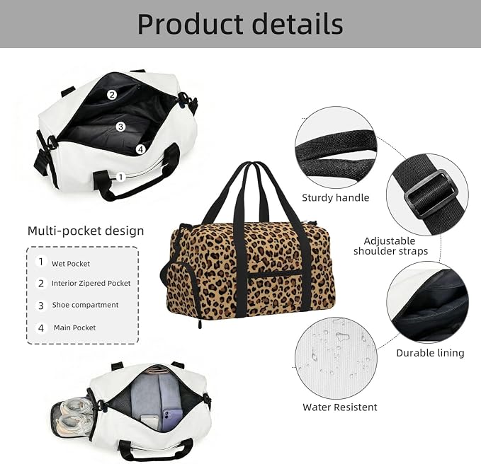 Fiokroo Sports Gym Bag Leopard Print Brown Travel Duffel Bag For Men Women With Shoe Compartment Water Resistant Gym Bag Carry On Duffel Bag For Weekend Traveling Yoga Gym Sports