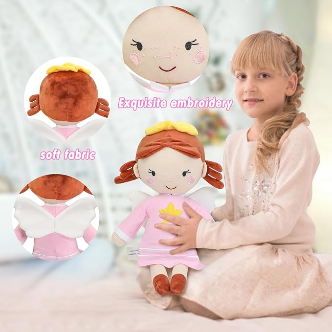 free-space Angel Plush Doll for Girl Baptism Gifts My First Angel Doll Toy (Pink)
