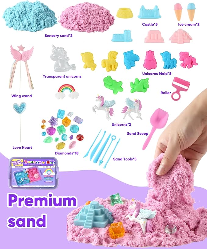 sikmcle Unicorn Sensory Bin Play Sand Kit for Girls Moulds Toddler Sand Art Kit with Sandbox for Kids for Toddlers Ages 3-8