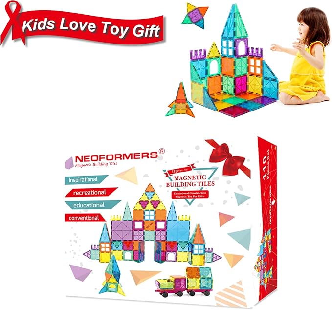 110PCS Magnetic Tiles with 2 Cars, STEM 3D Building Blocks for Kids Ages 3-8, Montessori Magnet Construction Toys for Preschool Classroom