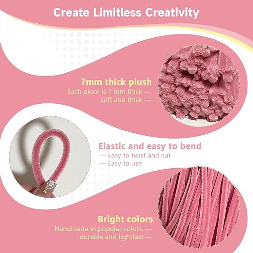 Pipe Cleaners Craft 300PCS 3 Colors Pastel Pink Pipe Cleaners Bulk 30CM Limpia Pipas para Manualidades Fuzzy Wire Chenille Stems for Arts Crafts and Creative DIY Projects Decorations