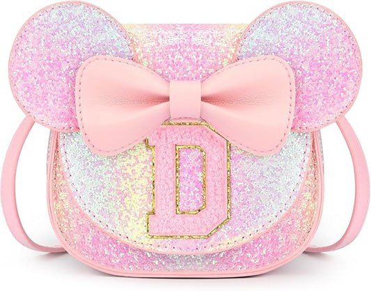 mibasies Toddler Purse Girl Gifts: Girls Birthday Gifts for 3-8 - Toys for Ages 2-4 Girls Mouse Ears Purse, Glitter Rainbow, Letter D