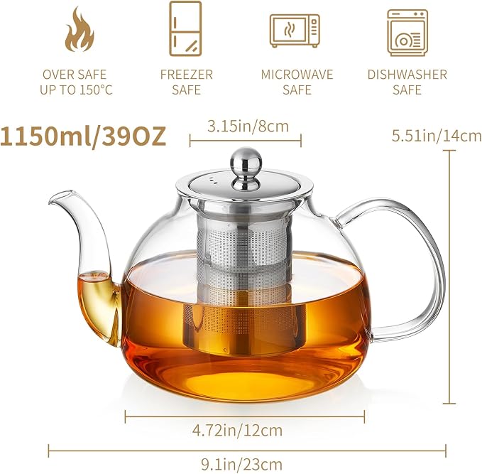 DOPUDO 39OZ (1150ML) Glass Teapot with Infuser Stovetop Safe, Clear Glass Tea Pot Kettle, Borosilicate Tea Pot with Infusers Filter for Loose Tea, Tea Kettle Dishwasher Safe