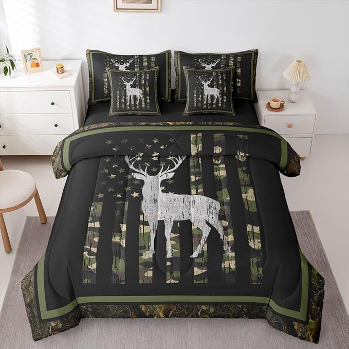 Feelyou Green Hunting Camo King Comforter Set with Sheets for Kids Boys Girls American Flag Deer 7 Pieces Bedding Set Wild Animal Hunter Bed in a Bag Room Decor Soft Lightweight Microfiber