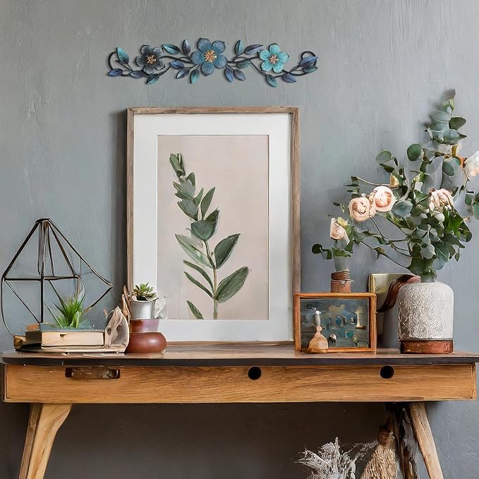 Wesiti Metal Flower Wall Decor Vintage Metal Flower Wrought Iron Scroll Sculpture 15.7''x3.7'' Not 3D, Flat Farmhouse Leaf Wall Decor with Nails for Summer Bedroom Kitchen Indoor Outdoor(Blue)