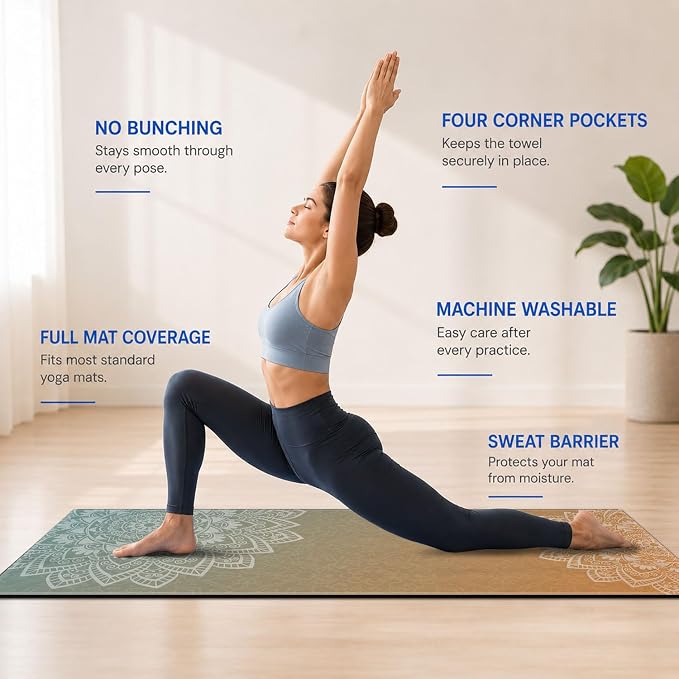 Yoga Mat Towel, Hot Yoga Non Slip with 4 Corner Pockets, 70 x 26 in | Soft Absorbent Microfiber With Four Corner Pockets, Fits Over Yoga Mats For Hot Yoga, Pilates, Gym, And Travel
