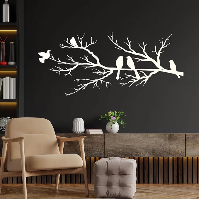 ESTART Metal Birds Wall Art, Metal Vivid Birds on Branch Silhouette Wall Decor White Leaves with Bird Outdoor Hanging Wall Sculpture for Home Living room Bedroom Balcony Garden (White, Small)