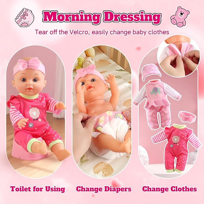 Baby Doll Stroller Set - A 12.5" Baby Doll with Doll Accessories & 2 Sets Clothes, Baby Doll Stroller for Toddlers 3-5, Toy Stroller for Kids, Gifts for Girls 3 4 5 Year Old Girls Toys