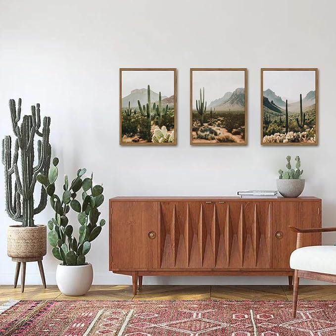 Framed Desert Landscape Wall Art Set of 3, Vintage Southwestern Cactus Wall Decor Paintings, Mexican Mountain Botanical Pictures Canvas Prints for Living Room Bedroom Bathroom Office 16x24 inch