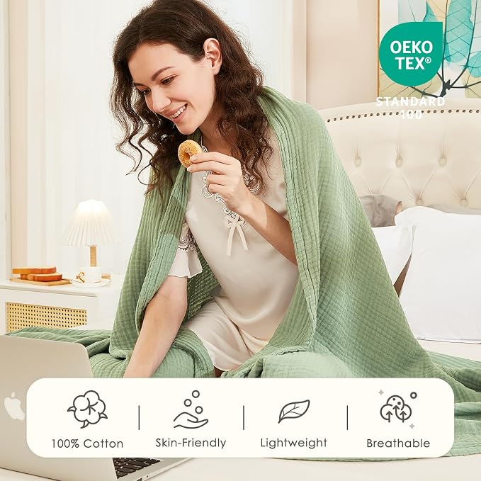 EMME Muslin Blankets for Adults Throw Blanket for Couch Breathable Gauze Soft Lightweight Airy Sage Green Twin 60" x 80"