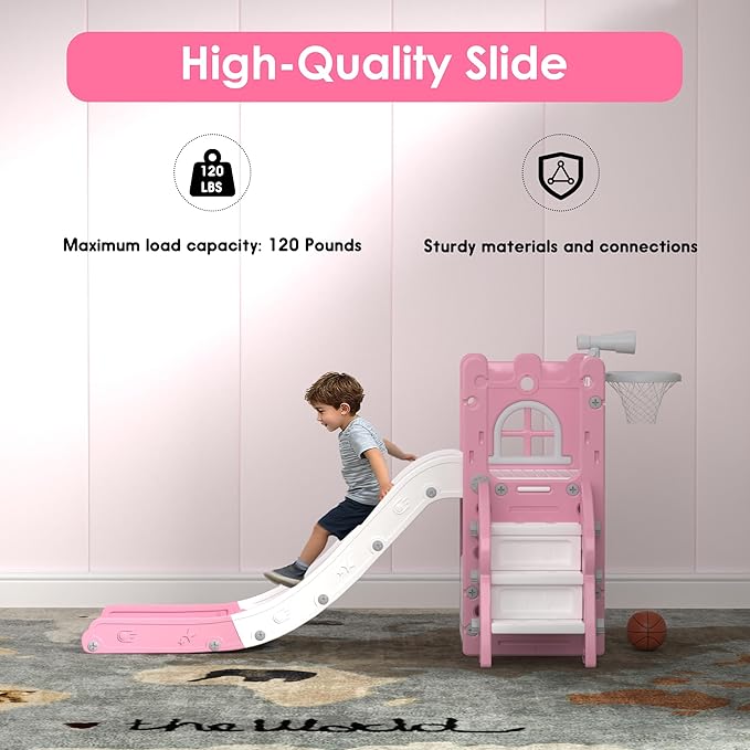6 in 1 Toddler Slide Playset, Kids Indoor Outdoor Playground with Basketball Hoop,Storage and Telescope,Toddler Climber Slide Activity Center