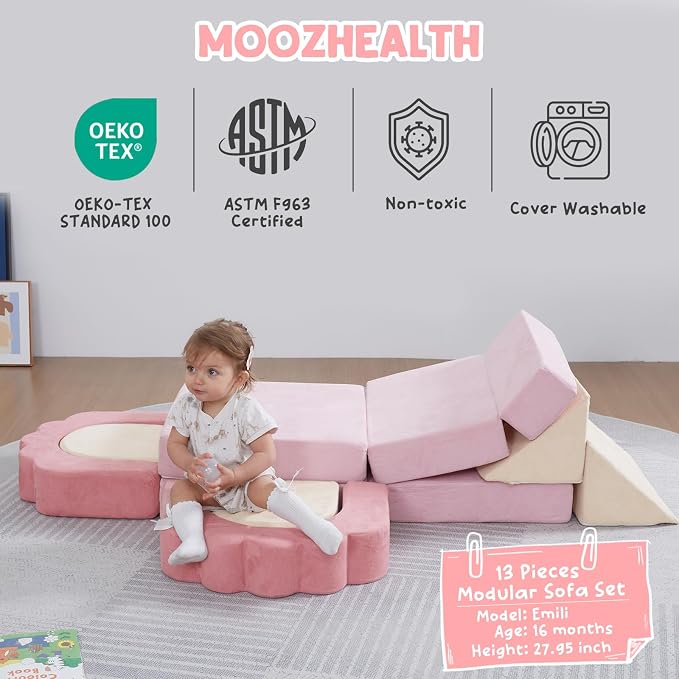 13 Pieces Foam Climbing Blocks for Toddlers|Floral Soft Play Gym,Kids Indoor Crawing Climbers & Play Structures for Bedroom,Livingroom & Playroom,Pink & Beige