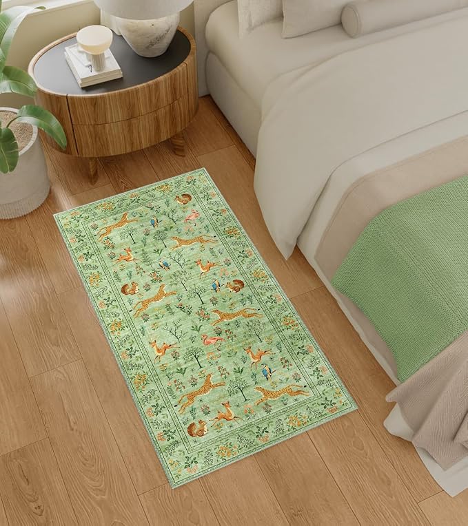 DUKINO 2x4 Rug for Entryway, Animal Washable Rug for Kitchen, Light Green | Non Slip, Low Pile, Stain Resistant Indoor Runner Rug for Hallway, Bedroom, Bathroom, Laundry, Pet Friendly, Non-Shedding