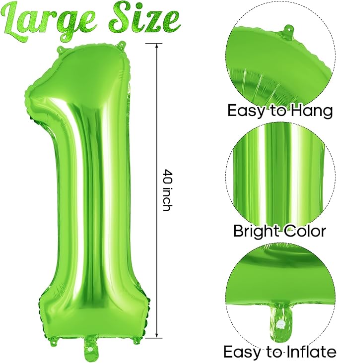 Dinosaur Green Number 1 Balloon, 40 Inch Big Large Foil Helium Green Number Balloon with 4 Pcs Mini Dinosuar, Dinosuar Mylar Balloons Set for 1st First Birthday Party Decorations Supplies