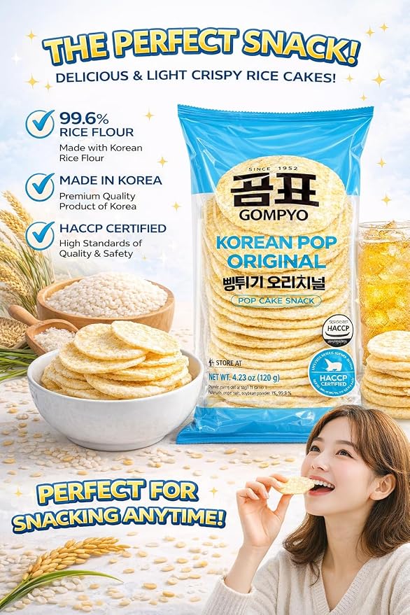 Korean Rice Cake, Light & Crispy Rice Pop, Original Flavor, 4.23 oz (120g), Crunchy Gluten-Free Style, Imported Korean Snack