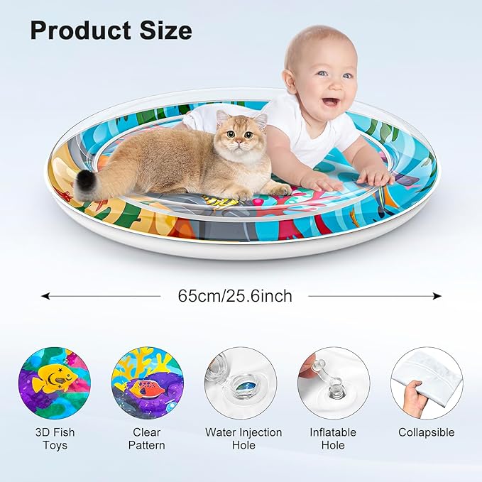 Inflatable Cat Dog Baby Water Mat Toy, [Newly Upgraded, 2 Layers Thickened] Premium Anti-Scratch Leak Proof Mat, with Floating Fish for Indoor Kitten Cats & Kids to Swatting Exercise Hunting (Octopus)