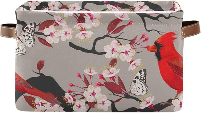 Aslsiy Storage Basket Cardinal Blooming Cherry Nursery Bins Butterfly Baby Box Canvas Clothes Shelf Basket Laundry Hamper Gift Basket for Home Closet 1 Pcs