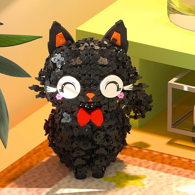 Black Cat Mini Brick Set | Creative Flower Blossom Puss Building Toy for Adults & Kids | Cute Animal Model Desk Decoration Gift (1651pcs)