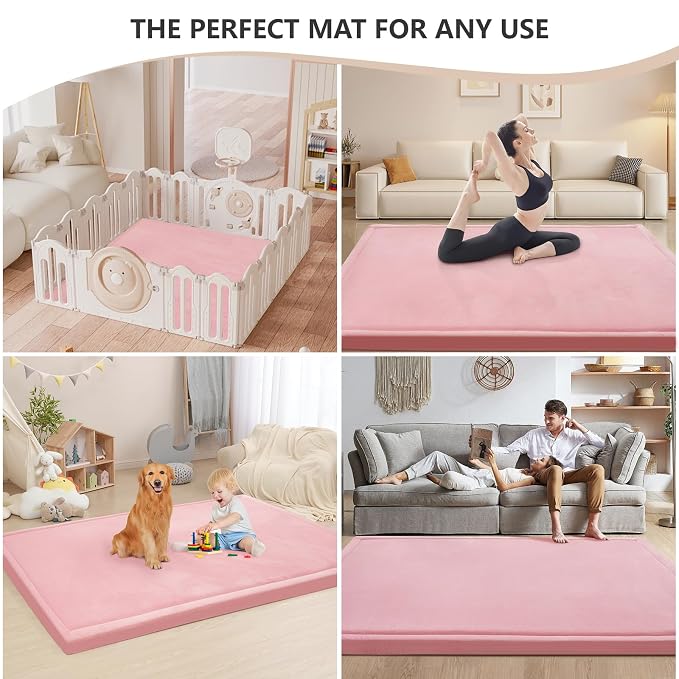 Huloo Sleep 2" Extra Thick Baby Play Mat for Floor,Ultra Soft Elasti Foam Mat for Tummy Time & Crawling,Playpen,Non Slip Nursery Rug for Toddlers,Infants,kids,Tatami Style for Yoga,Playroom(Pink)