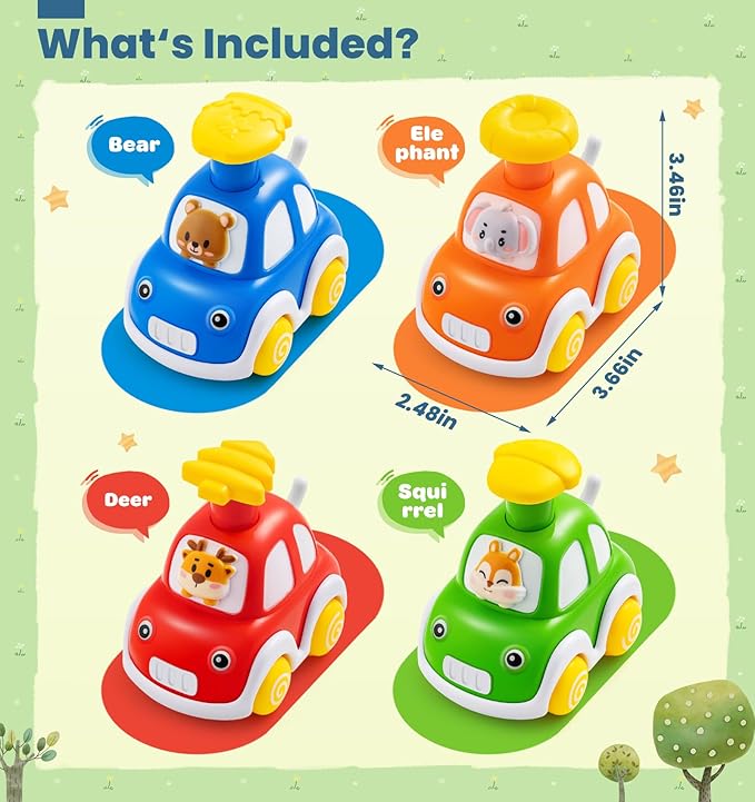 Press and Go Car Toys for Toddlers 1-3, 4 Pack Animal Baby Car Toys for 1 2 Year Old Boy, Push Go Friction Vehicle Toys for Infants 6-9-12-18 Months, One First Birthday Gifts for Boys Girls