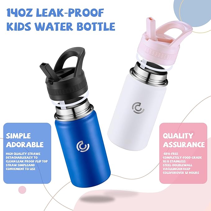 2 Pack Kids Water Bottle,14oz Stainless Steel Insulated Water Tumbler Leak-Proof,School Water Mug,Small and Portable,Suitable for Boys and Girls to Use(White + Blue)