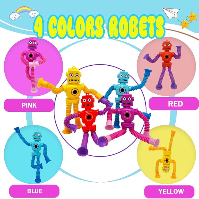 Suction Cup Robot Toy,Toys for Kids with Autism,Autism Sensory Products,Suction Cup Toy,pop Tubes Robots Stress and Anxiety Relief for Kids 3 4 5 6 7,Christmas Easter Gifts (mini 4PCS)