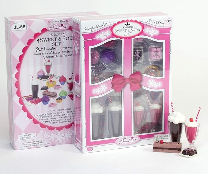 Sophia's 27 Piece Sweet Treats & Soda Fountain Accessories Set with Pretend Drinks and Realistic Desserts for 18" Dolls, Multicolor