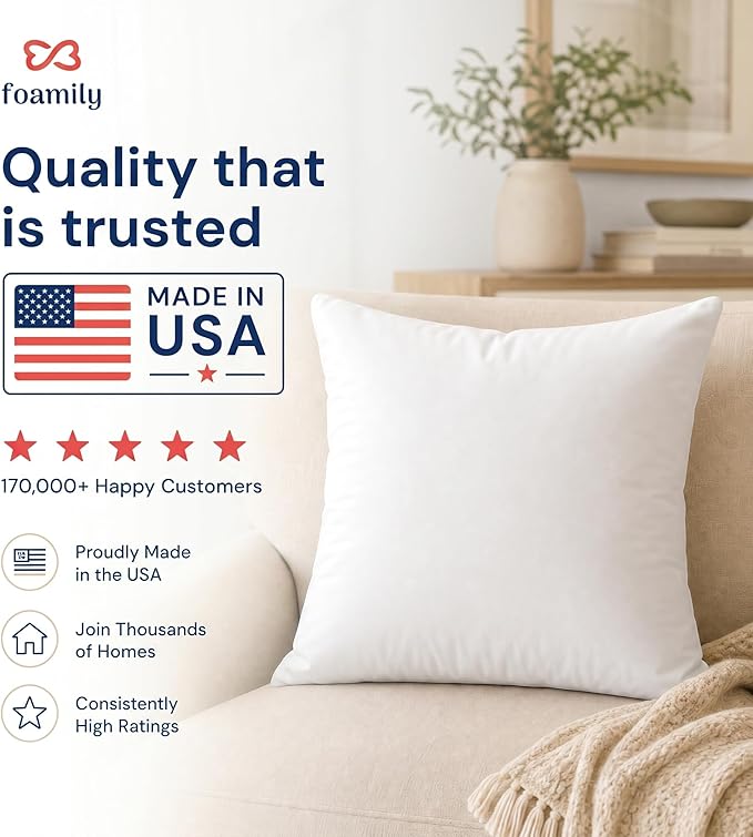 Foamily 24x24 Throw Pillow Insert, White Pillows for Couch, Sofa & Bed | Soft down-alternative fill, hypoallergenic, holds its shape. Fits 24x24 covers. Couch, sofa, bed, nursery decor.
