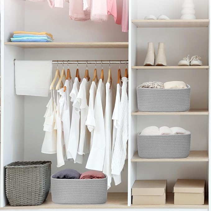 3 Pack Small Storage Baskets for Organizing, 11.8×7.8×5.1", Grey | Woven Baskets for shelves, Cotton Rope Basket for Gifts Empty, Closet Organizer Bins with Handles, Cube Decorative Box