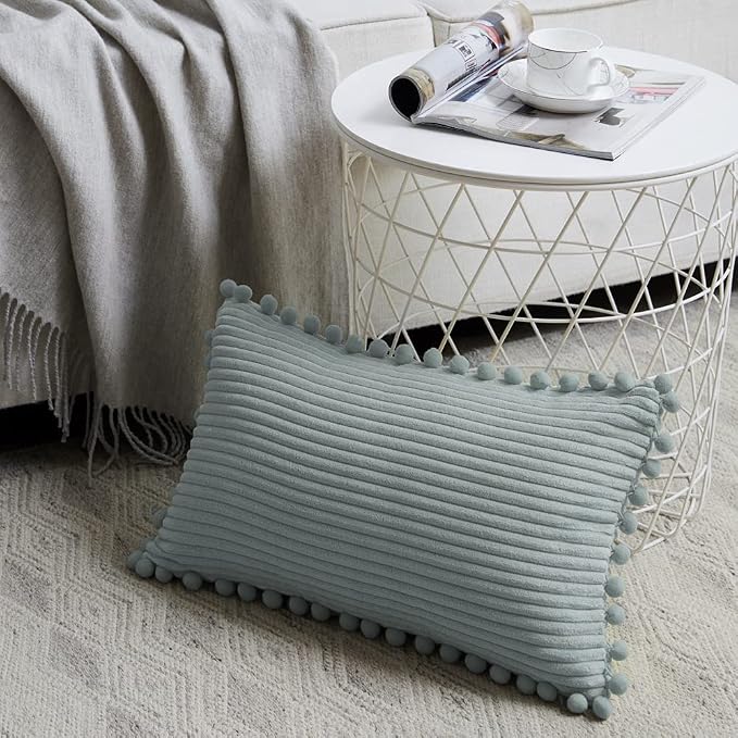 Fancy Homi Pack of 2 Farmhouse Lumbar Decorative Throw Pillow Covers with Pom-poms, Soft Corduroy Solid Rectangle Cushion Cases Set for Couch Sofa Bedroom Living Room (12x24 Inch/30x60 cm, Grey Blue)