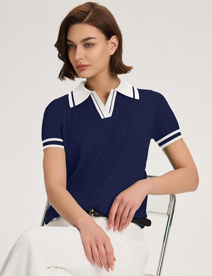Micoson Womens Short Sleeve Sweater Tops Lapel V Neck Polo Shirts 2026 | Summer Cable Knit Loose Blouses, Business Casual Outfits