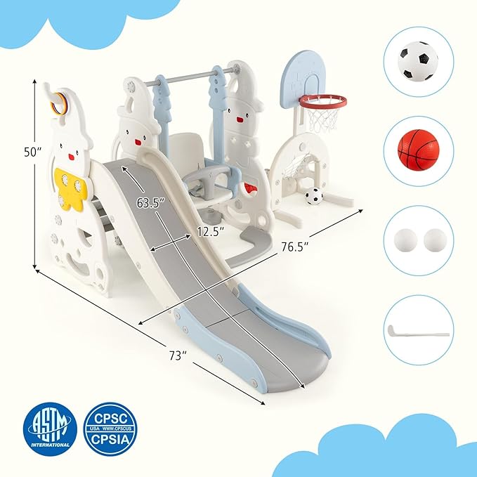 Costzon Toddler Swing and Slide Set, 7 in 1 Toddler Slide for Kids w/Height Adjustable Basketball Hoop & Swing, Climber, Golf, Soccer, Ring Tossing, Freestanding Indoor Playground for Girls & Boys