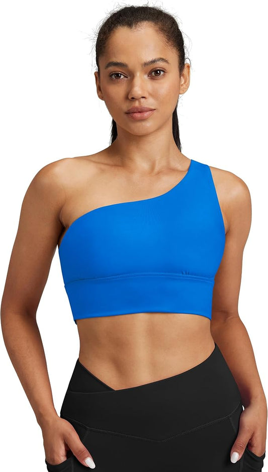Queenie Ke Womens One Shoulder Sports Bra Left Side Strap Yoga Bras Gym Training Workout Crop Tops