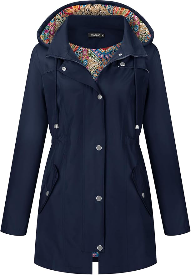 LOMON Women Waterproof Outdoor Hiking Raincoat Women Lined Rain Jacket Lightweight Hooded Jackets Trench Coats