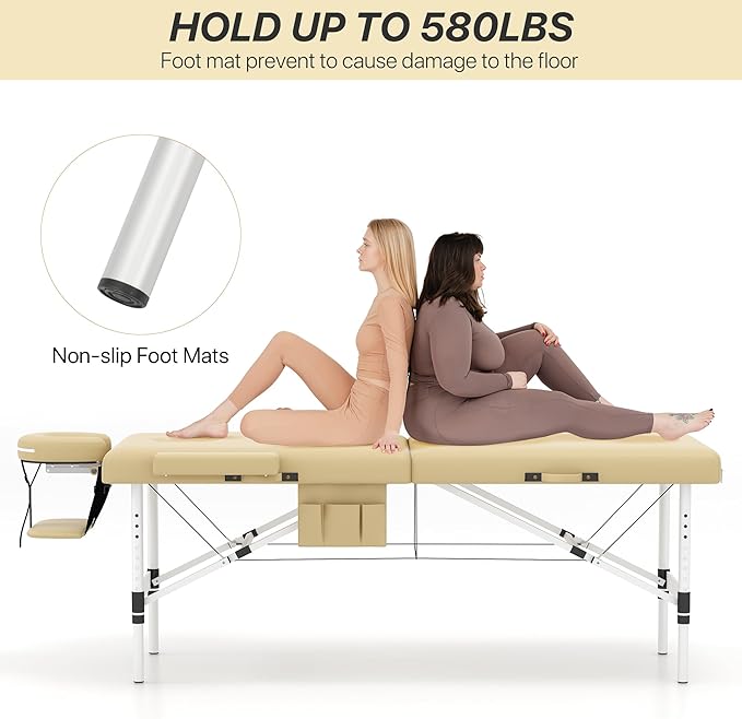 KCC Memory Foam Portable Massage Table, Foldable Tattoo Table Lash Bed Height Adjustable，28 Inchs Wide Home Salon Spa Bed Accessories &Carrying Case，Easy Set Up,Lightweight Aluminium Leg,Beige