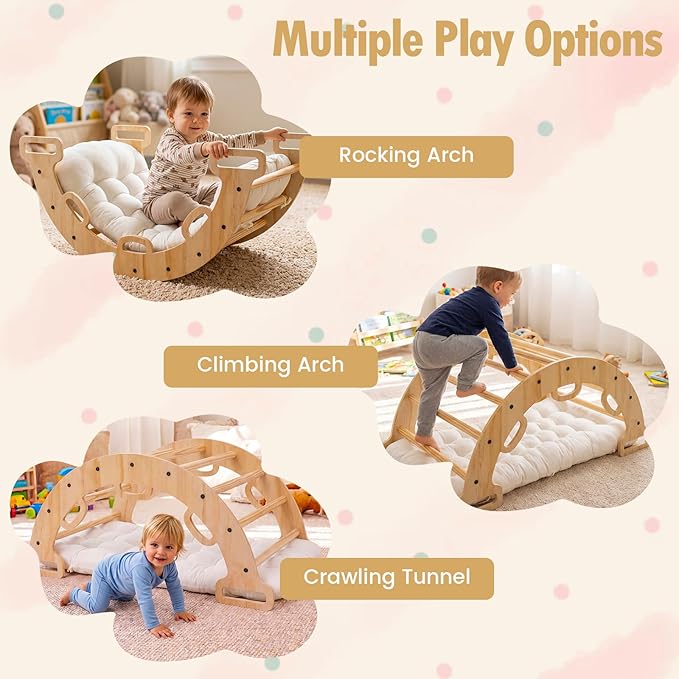 Costzon Wooden Rocking Climbing Arch w/Cushion, 3-in-1 Montessori Kids Climber Rocker for Toddlers, Playground Climbing Ladder Toy, Indoor Gym Learning Playset for Boys Girls Ages 1+ (Wood Color)
