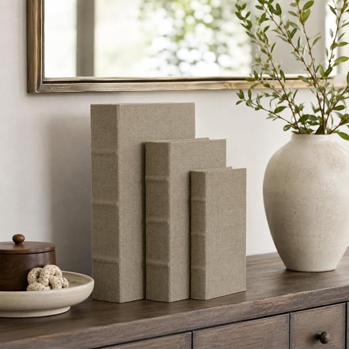 Decorative Book Boxes Set of 3, Faux Linen Storage, 13" | Living Room Decor, Bedroom Decor, Office Decor, Bookshelf Display, Coffee Table, Farmhouse, Rustic, Vintage Style