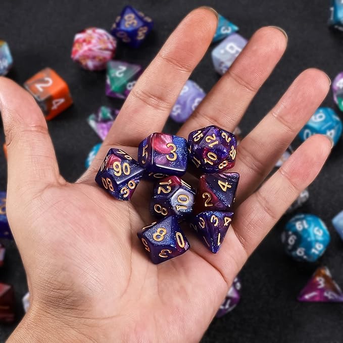 QMAY DND Dice Set - Polyhedral Dice (Blue Mix Purple Nebula) 7 Pcs for Dungeon and Dragons D&D RPG Role Playing Games Dice with Dice Bag