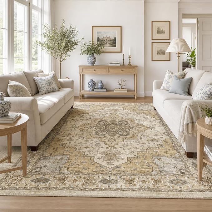 AMADA HOMEFURNISHING 9x12 Area Rug for Living Room,Vintage Washable Area Rug Low-Pile & Non-Slip Carpet for Bedroom Dining Room Nursery Home Office, Beige/Cream