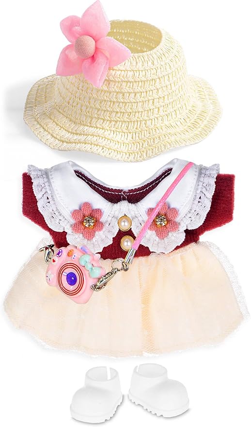 iBayda 17cm Chic Doll Clothes Dress & Accessories Set Include: A Straw Hat, Dress, Flower Hairpin, Shoes and Bag (Doll and Glasses are Not Included)