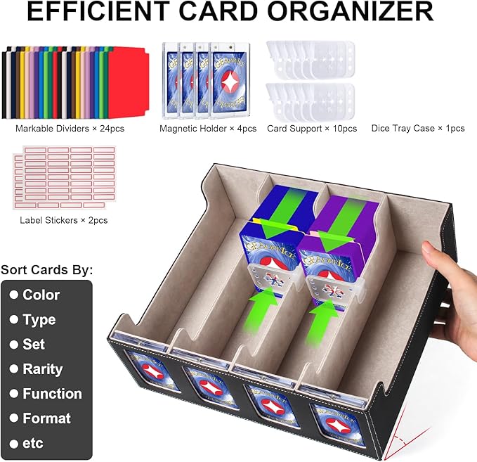 GEAoffice Trading Card Storage Box with Commander Display, 3200+ Card Deck Case with Magnetic Removable Lid, 4-Row Deck Box for MTG/TCG/Sports/Games, 10 Stoppers, 24 Dividers, 1 Dice Tray, Black Grey