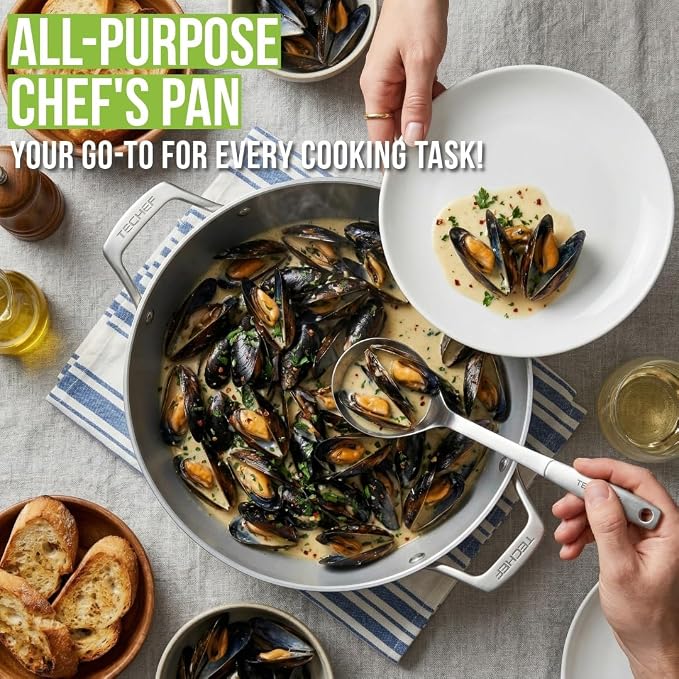 TECHEF - CeraTerra, 5 Qt / 12-in Ceramic Nonstick All Purpose Chef Pan with Cover, (PTFE and PFOA Free Ceramic Exterior & Interior), Oven & Dishwasher Safe, Made in Korea, Grey/Silver (5 Qt Chef Pan)