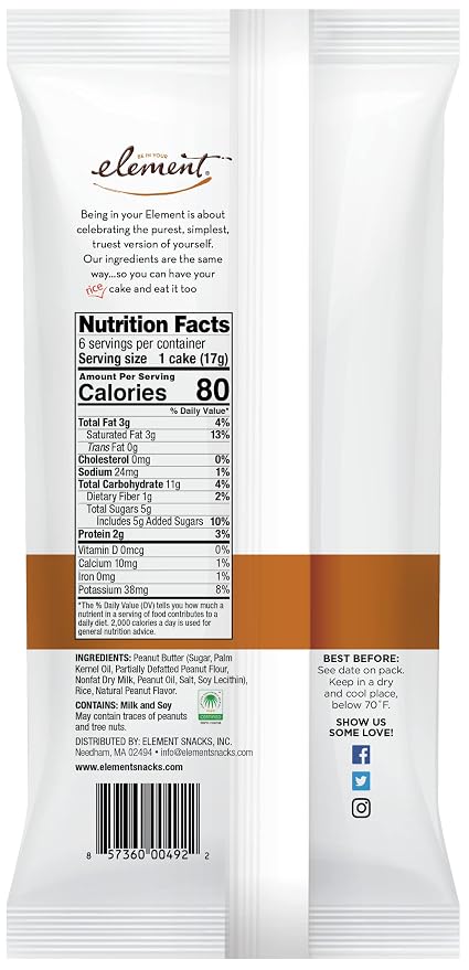 Element Snacks - Peanut Butter Rice Cakes (Pack of 8), All-Natural Rice, Healthy Snacks for Kids or Adults, Non GMO, Certified Gluten-Free and Kosher